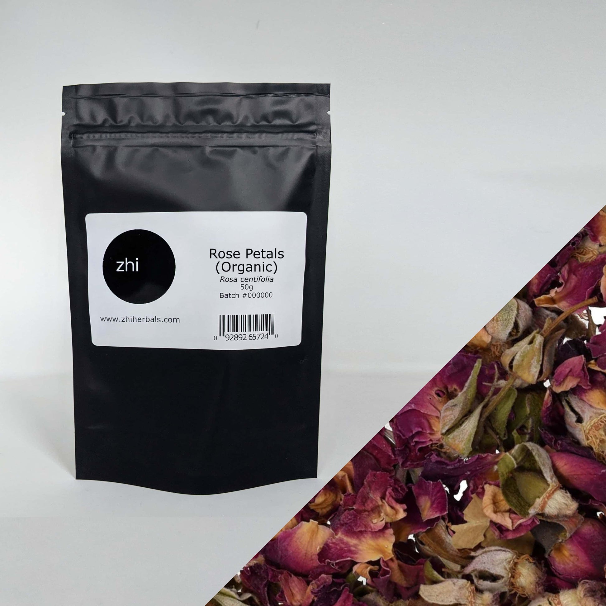 Zhi Herbals Organic Red Rose Petals, 50g black package with label, next to a close-up of the red rose buds.