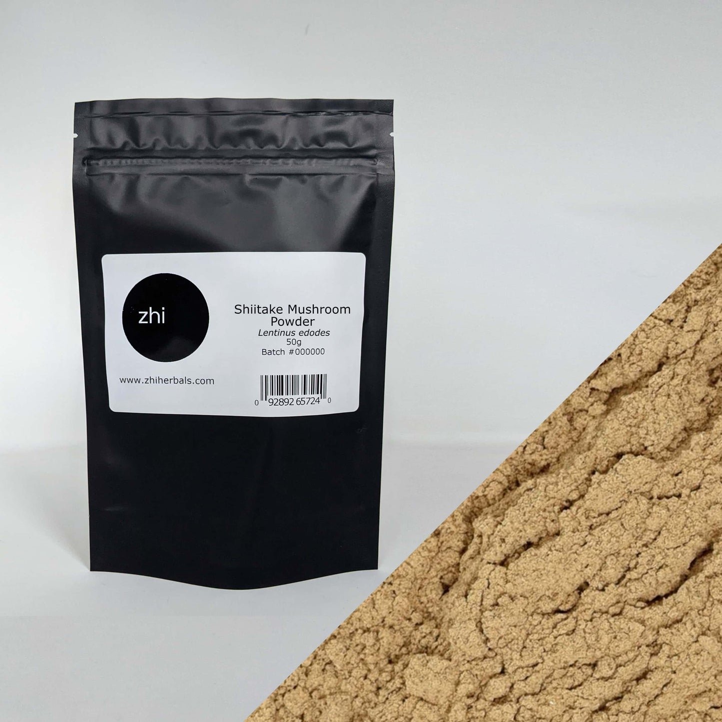 Zhi Herbals Organic Shiitake Mushroom Powder, 50g black package with label, next to a close-up of the beige powder.