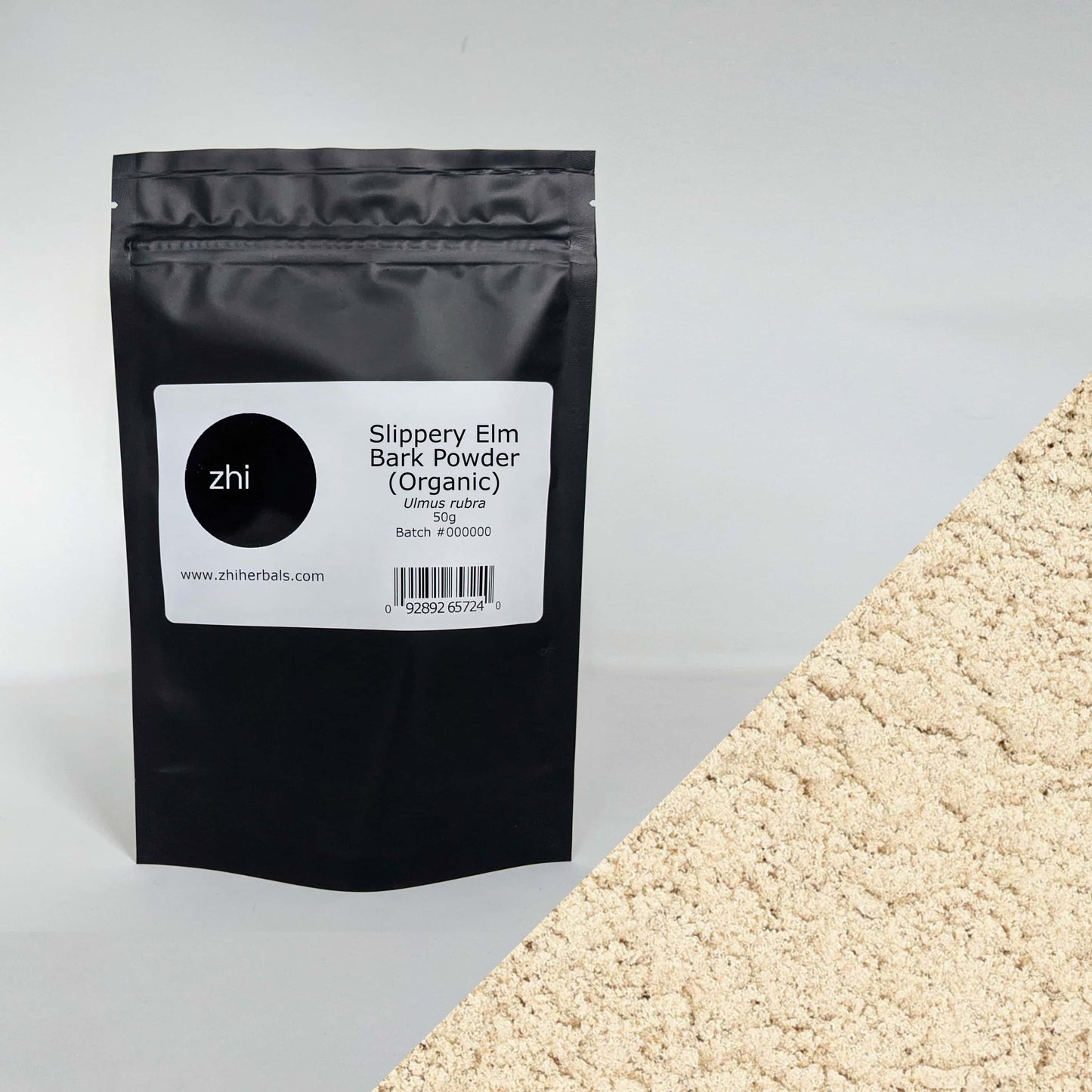 Zhi Herbals Organic Slippery Elm Bark Powder, 50g black package with label, next to a close-up of the beige powder texture.