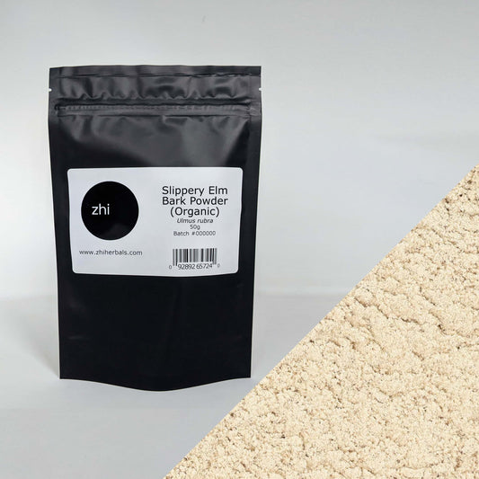 Zhi Herbals Organic Slippery Elm Bark Powder, 50g black package with label, next to a close-up of the beige powder texture.