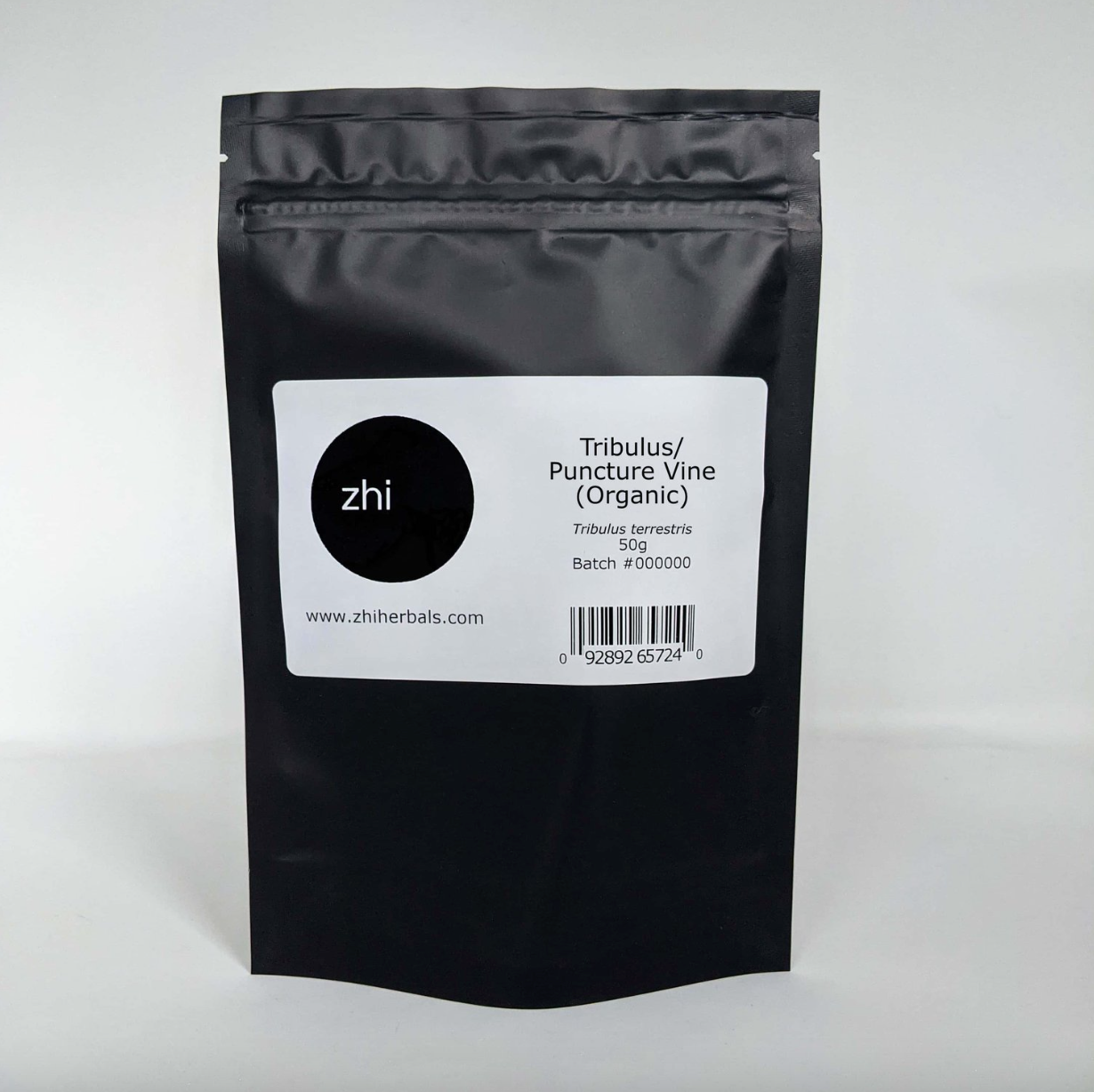 Zhi Herbals Tribulus/Puncture Vina (Organic) in a 50g black resealable bag with product label and barcode.