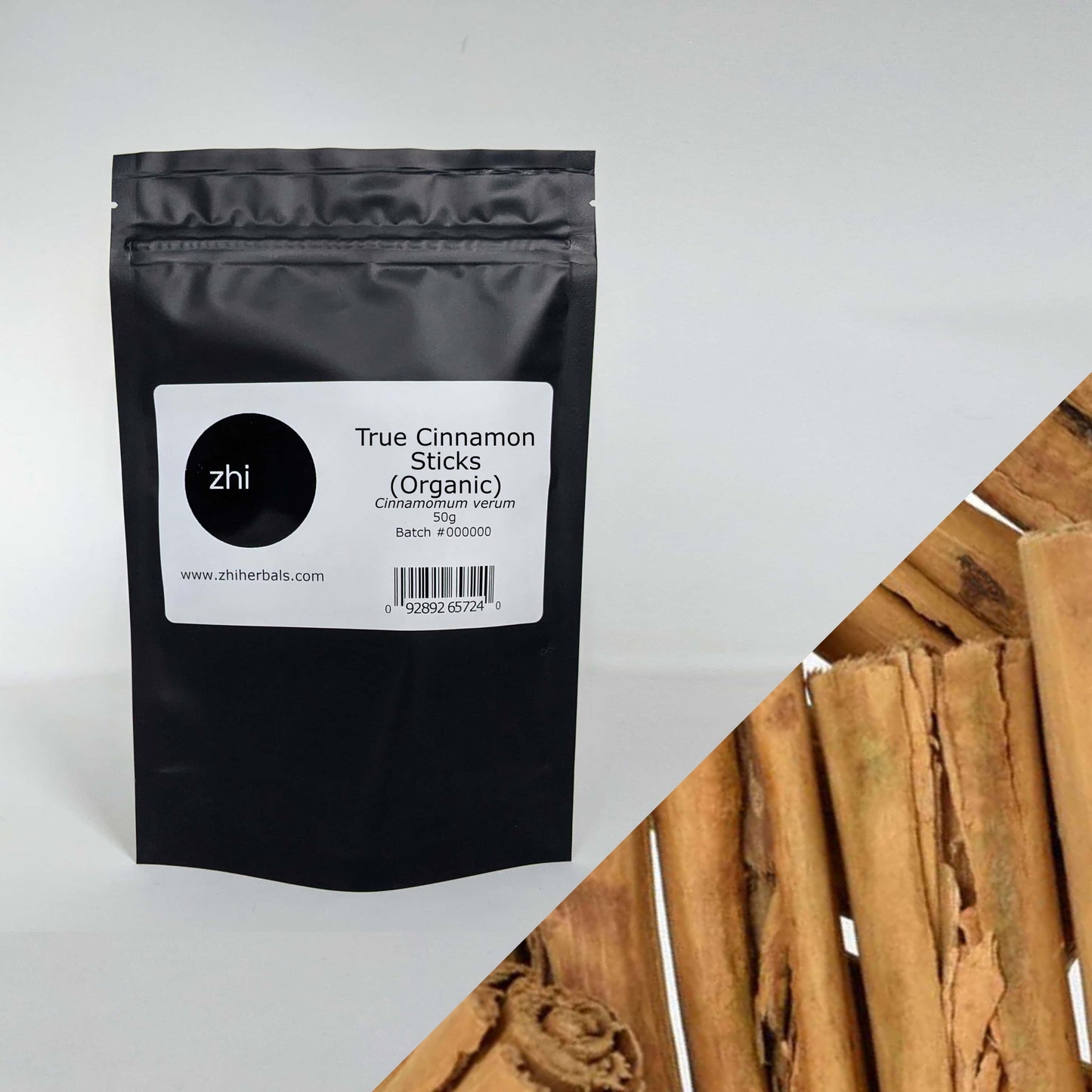 Zhi Herbals Organic True Cinnamon Sticks, 50g black package with label, next to a close-up of the brown sticks.