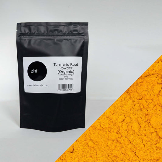 Zhi Herbals Organic Turmeric Root Powder, 50g black package with label, next to a close-up of the vivid orange powder.