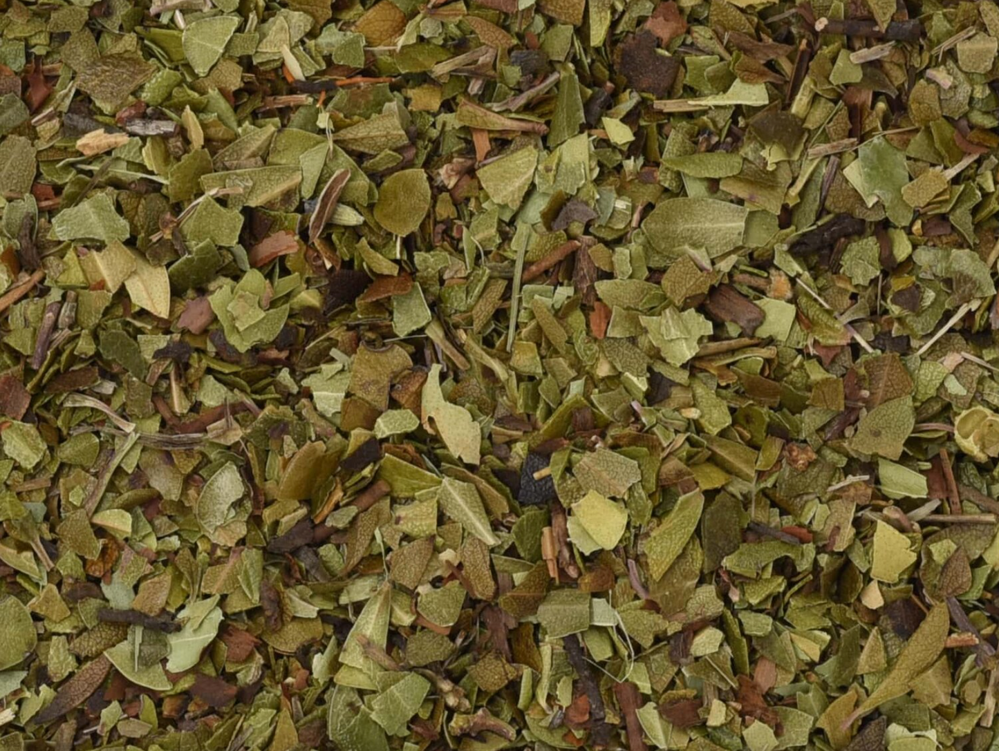 Close-up of dried uva ursi leaf, showing chopped green leaves used for teas and herbal remedies.