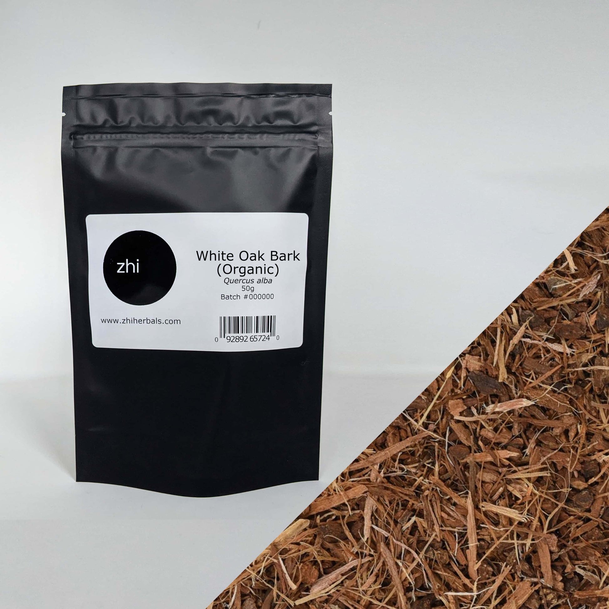 Zhi Herbals Organic White Oak Bark, 50g black package with label, next to a close-up of the brown bark texture.