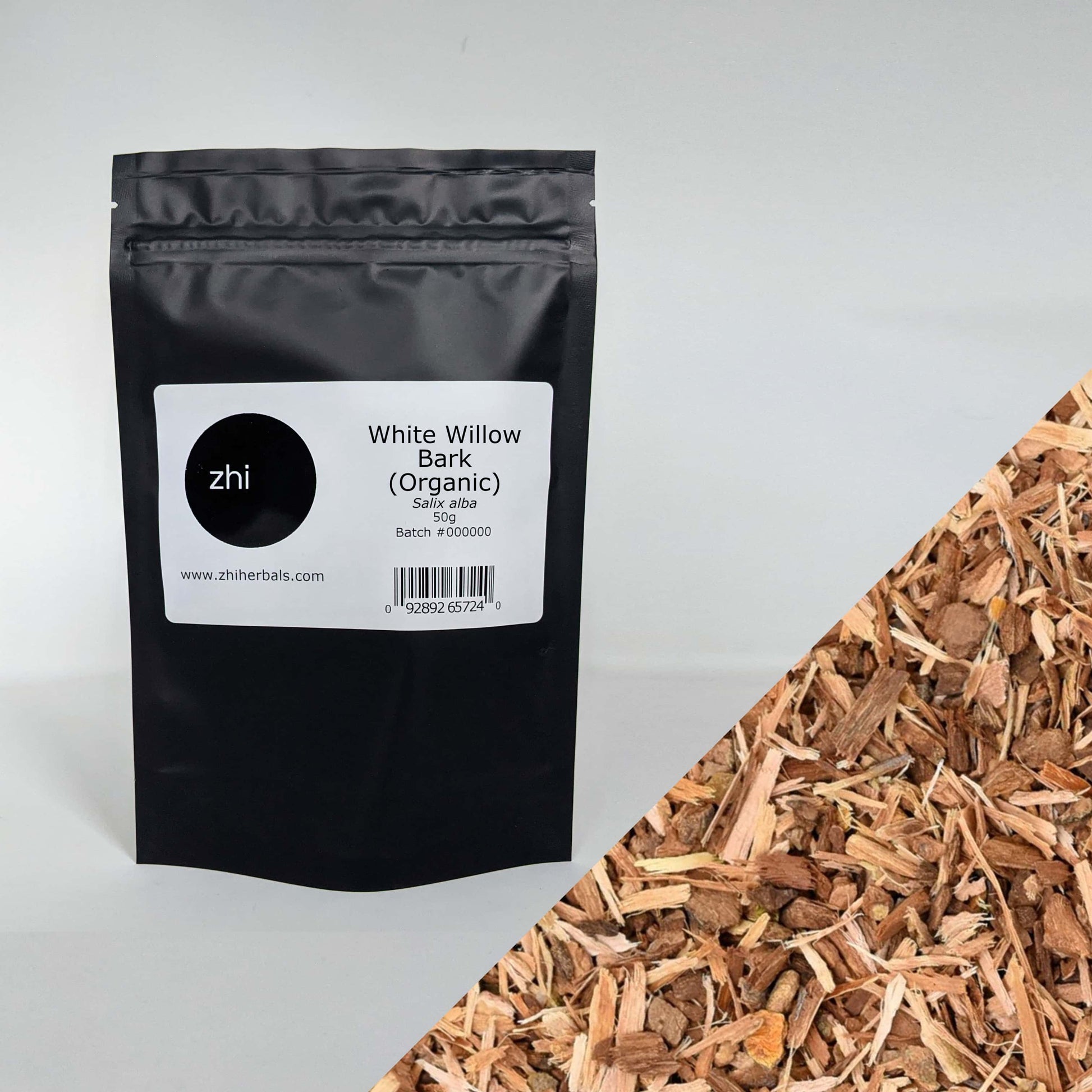 Zhi Herbals Organic White Willow Bark, 50g black package with label, next to a close-up of the brown bark texture.