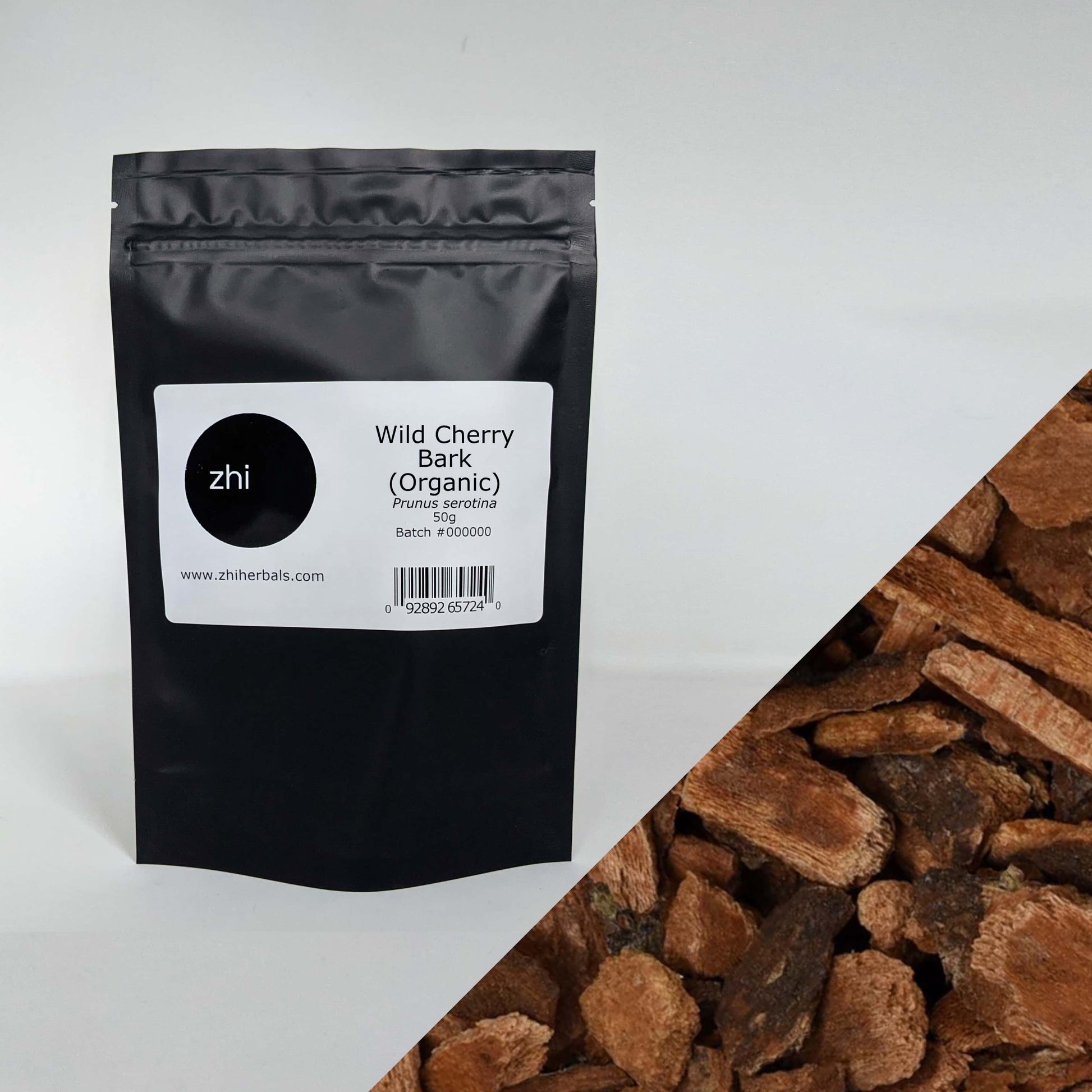 Zhi Herbals Organic Wild Cherry Bark, 50g black package with label, next to a close-up of the brown root texture.