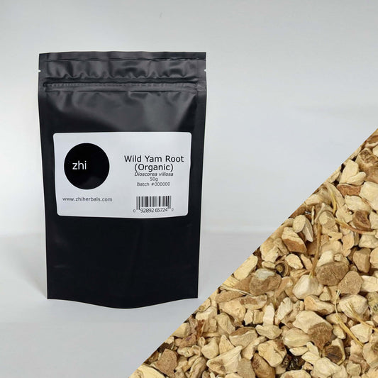 Zhi Herbals Organic Wild Yam Root, 50g black package with label, next to a close-up of the beige root pieces.