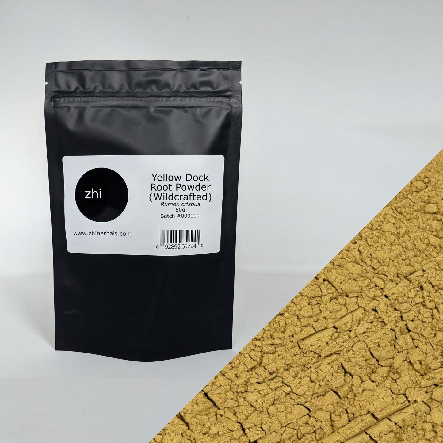 Zhi Herbals Wildcrafted Yellow Dock Root Powder, 50g black package with label, next to a close-up of the brown powder.