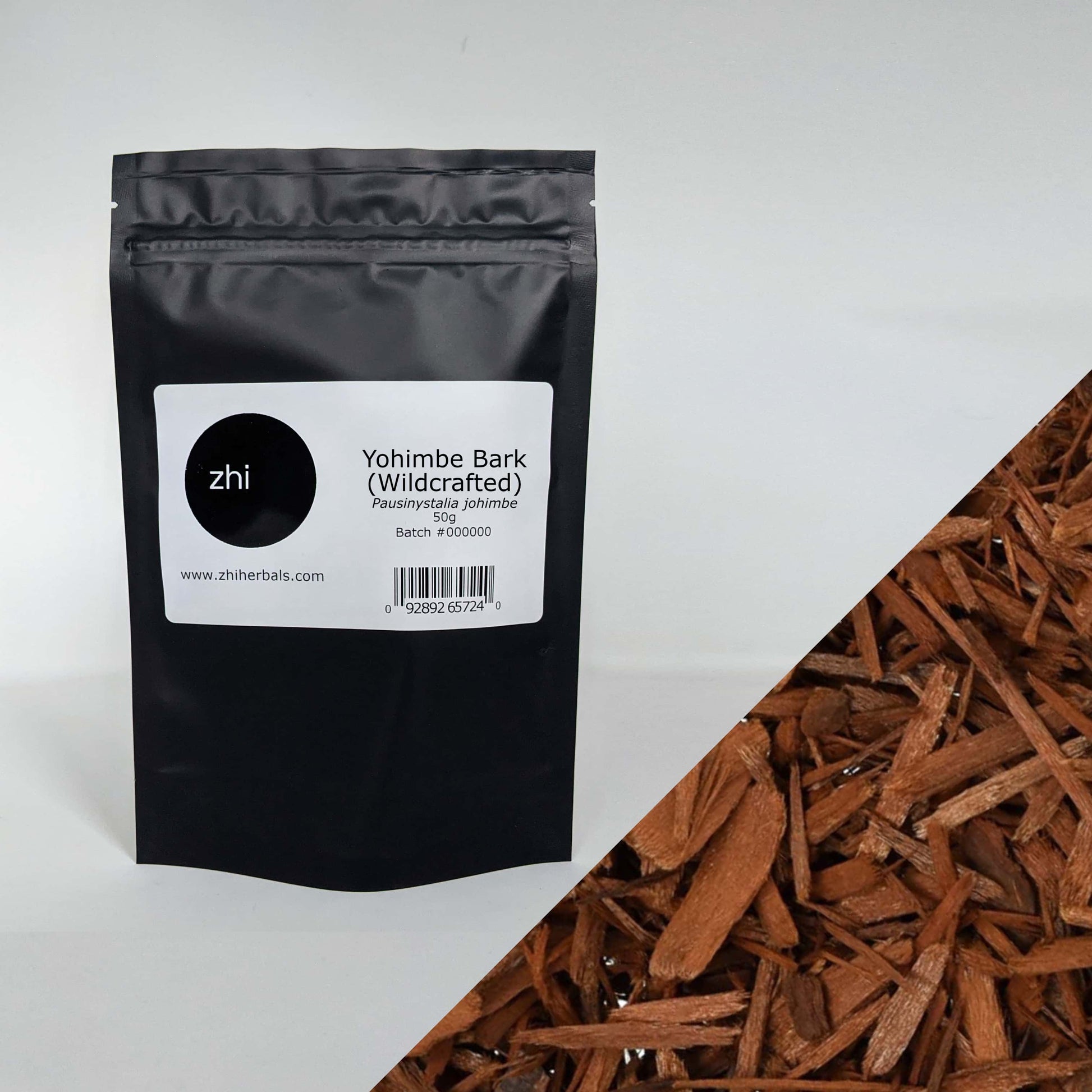 Zhi Herbals Wildcrafted Yohimbe Bark, 50g black package with label, next to a close-up of the brown bark.